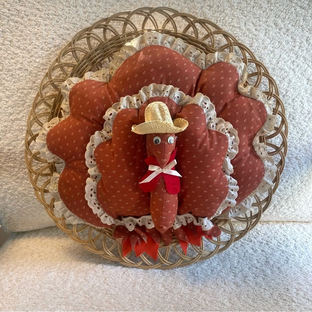 Vintage 80s Quilted Thanksgiving Turkey 3D Door Wreath 16”